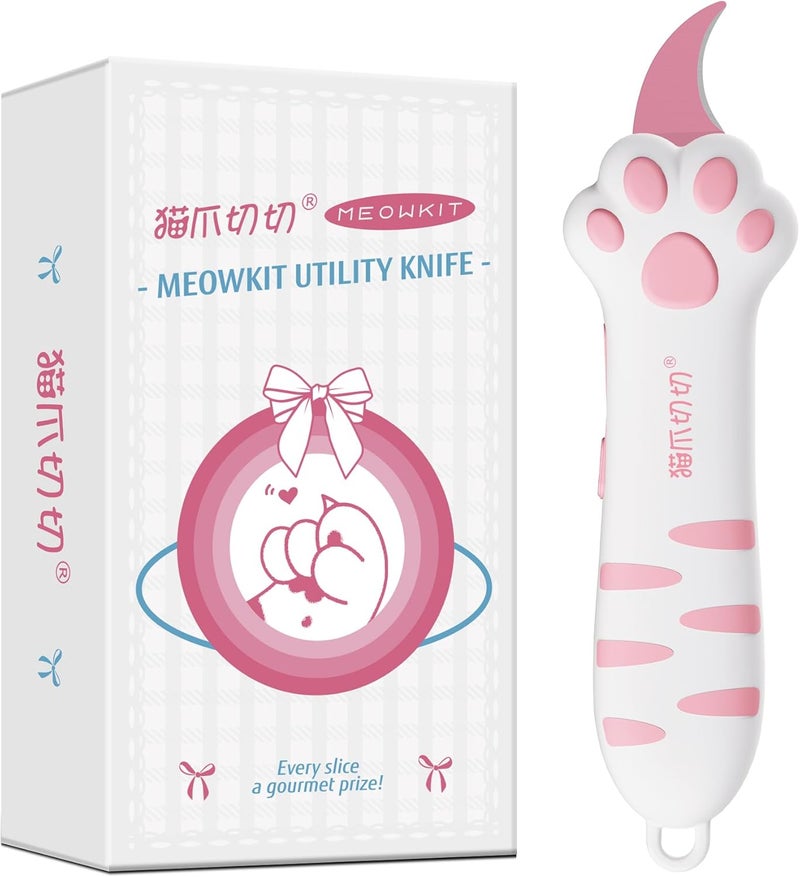 MEOWKIT Cat Paw Box Cutter Retractable with Cat Paw Handle, Multifunctional Knife Set (Pink) - Image 1